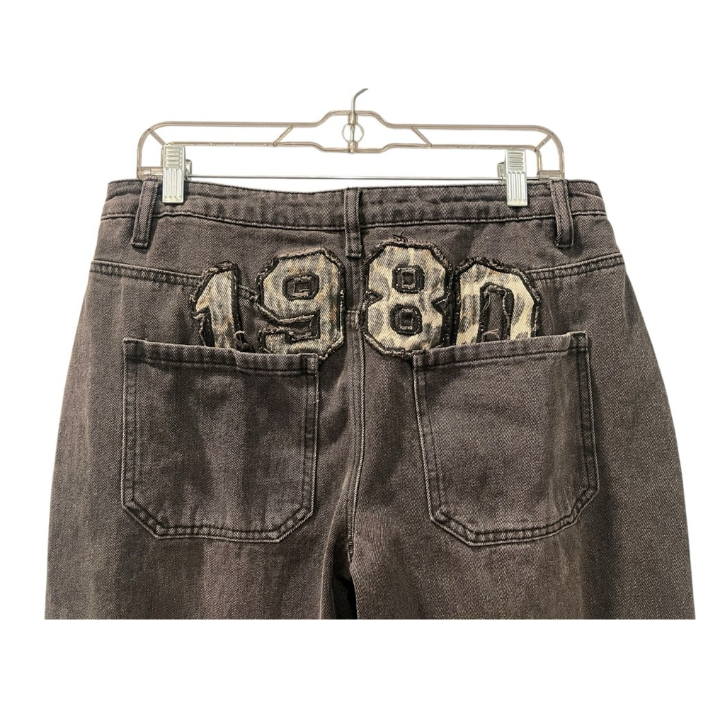 Edikted 1980 Embroidered Wide Leg Black Denim Jeans Size Large Women's Casual